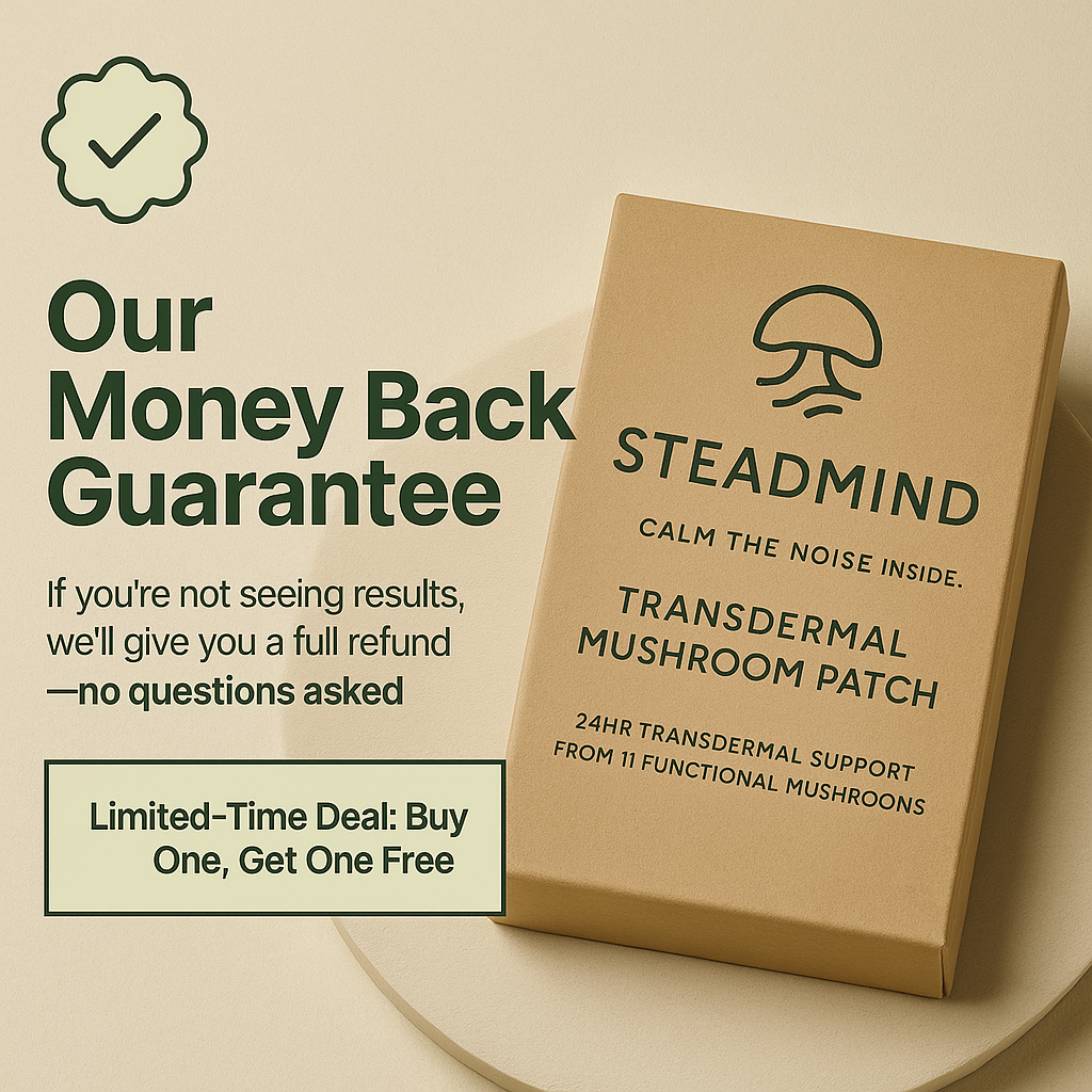 Steadmind transdermal mushroom patch packaging with promotional text on a beige background