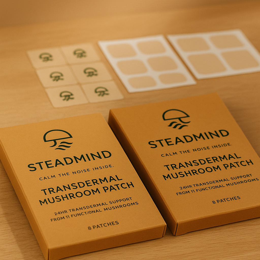 Two boxes of Steadmind Transdermal Mushroom Patch on a wooden surface.