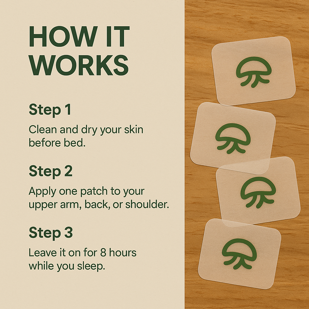 Instructions for using a patch with green logo on beige and wooden background